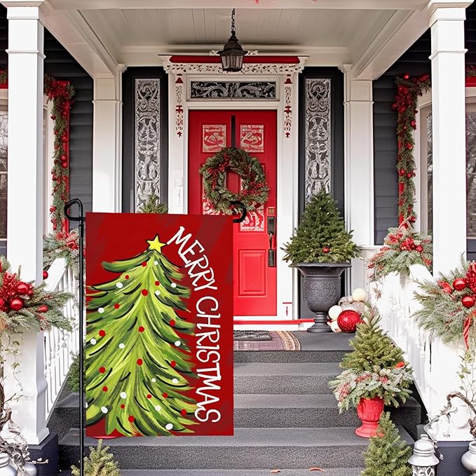 Merry Christma Garden Flag Xmas Tree Yard Flag Winter Red Green Trees Double Sided Vertical House Banner for Rustic Farmhouse Seasonal Outdoor Decoration 12x18 Inch