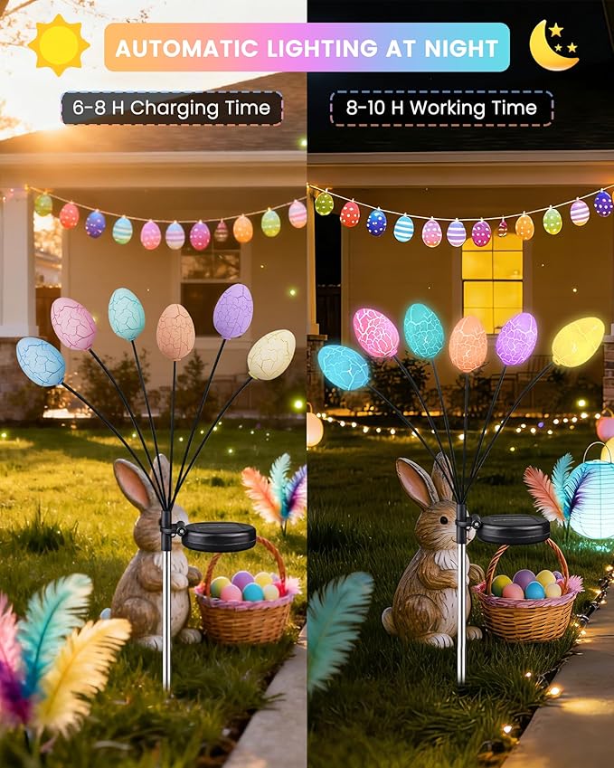 4 Pack Solar Easter Eggs Pathway Lights outdoor, 24 LED Pastel Solar Garden Lights Swaying Firefly Light with 2 Lighting Modes, Waterproof Easter Decorations for Spring Patio Yard Landscape Decor