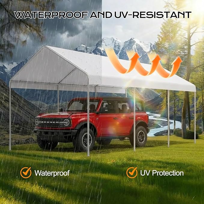 COWVIE 10 x 20 FT Carport Canopy Replacement Cover, with 46Pcs Long Ball Bungees, Waterproof Garage Top Tent Shelter Tarp, Only Top Cover