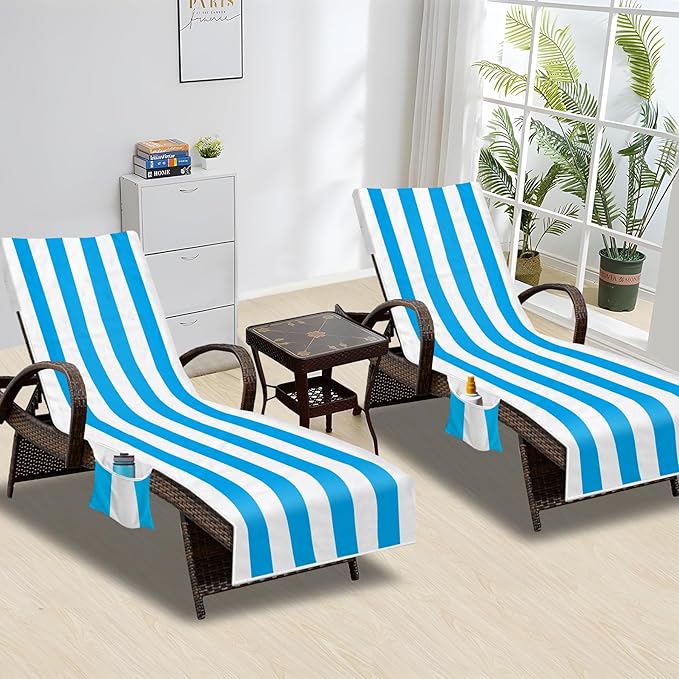 Lounge Chair Towel Cover, Beach Chair Cover (Pack of 2), Pool Lounge Chair Covers for Outdoor,Garden, Beach,Sun Lounger,Hotel Pool, 85" X 30"Large Size and No Sliding, Light Blue Stripe