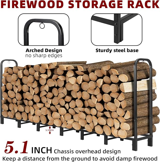 DNKMOR 8FT Firewood Rack with Waterproof Cover,Heavy Duty Firewood Storage Log Holder for Outdoor&Indoor,Fireplace Wood Rack with 600D Oxford Fabric