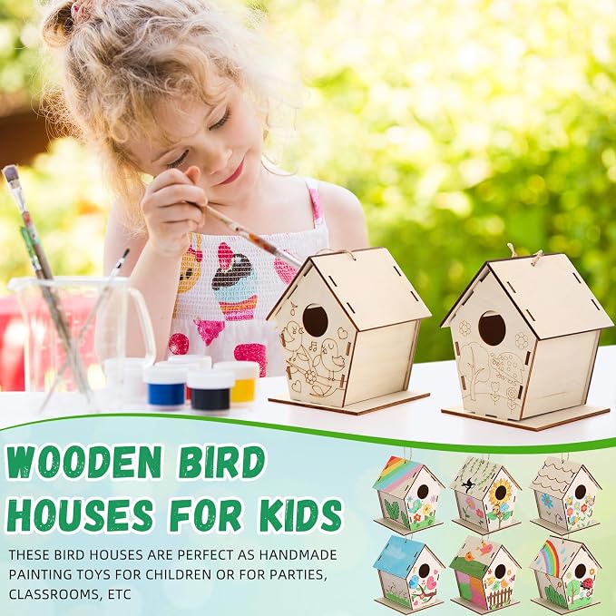 DoubleFill 36 Pack Wooden Bird House Bulk for Kids Birdhouse Kit Wood Houses for DIY Unfinished Hanging Birdhouse Kits Wooden Craft Houses to Paint VBS Craft Family Crafts