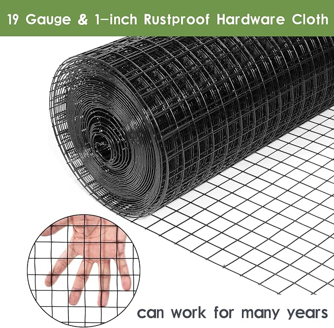 Tongmo 16" x 100' Black Hardware Cloth, 1inch Mesh Chicken Wire Fence, 19 Gauge Vinyl Coated Wire and Welded Wire Roll,Garden Fence, Poultry Netting for Rabbit/Duck/Chicken Coop