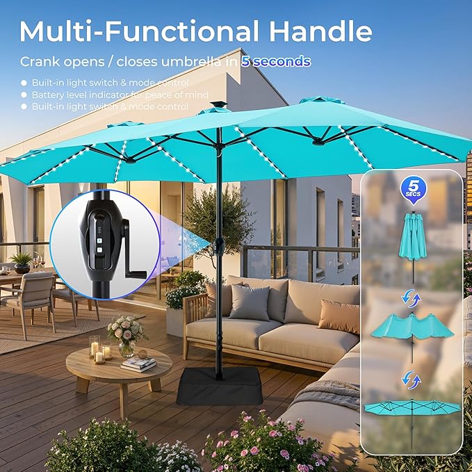 SUPERJARE 15ft Large Patio Umbrella with Base included, Double Sided Outdoor Umbrella with Solar Lights, Pool Umbrella with Fade Resistant Canopy for Deck, Porch, Yard, Balcony, Light Blue