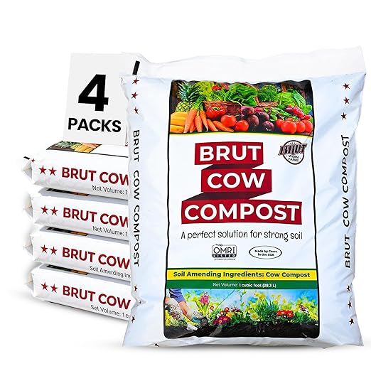 Brut Cow Compost – 4 Pack Nutrient-Rich Composted Cow Manure Organic Soil Amendment – 100% Pure Compost, Additive-Free Fertilizer for Vegetable Gardens, Flowers, Lawns & Indoor Plants – 1 Cubic Ft