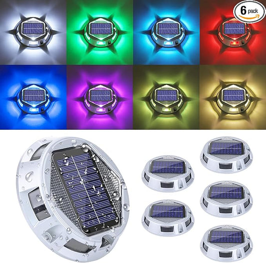 Solar Deck Light Outdoor, 6 Pack 9 Colors in 1 Solar Driveway Dock Lights, IP67 Waterproof Solar Powered Outdoor Light, RGB Step Lights for Outside Garden Yard Fence Stair Sidewalk Pathway Walkway