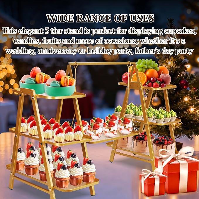 Metal 3 Tier Cupcake Stands, Large Capacity Serving Removable Tray Dessert Stands with Swing Design and Anti-slip Base, Food Display for Parties and Events, Wedding, 32.28*15.55*20.47Inch (Gold)