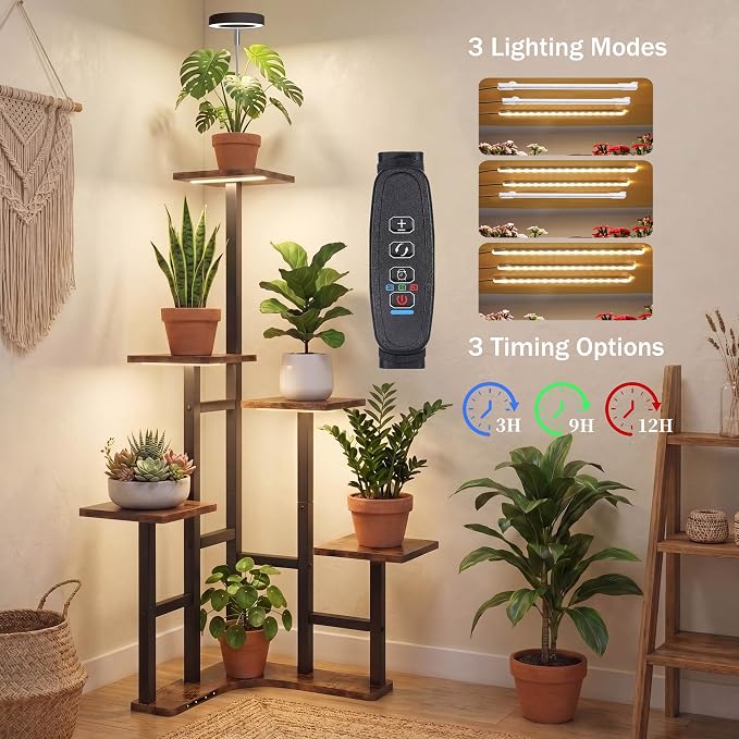 Plant Stand Indoor with Grow Lights, 6 Tiered Corner Plant Stands for Indoor Plants, Max Height: 43" Corner Shelf & Plant Shelf, Flower Display Holder, Corner Shelves for Living Room Gardening Warm Light Auto Timer 3H/9H/12H