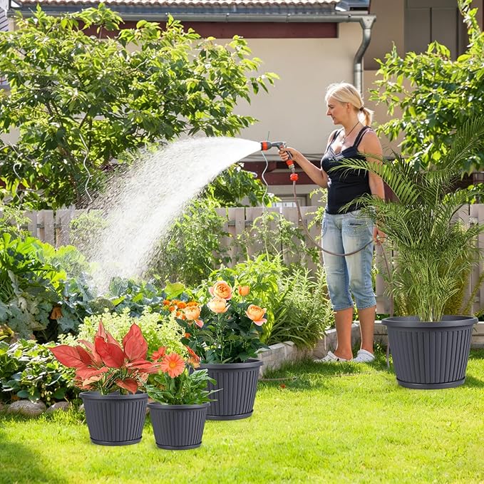 16-inch-Large-Planters-for-Outdoor-Plant，Plastic Indoor Flower Pots with Drainage Holes & Saucer，4 Packs Decorative Garden Pots for Plantfor Home Porch Decor