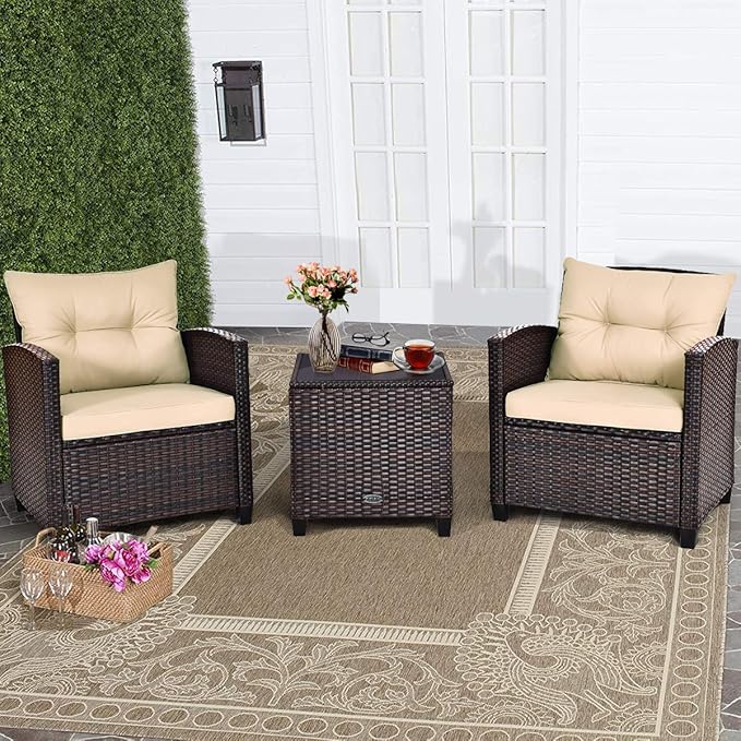 COSTWAY 3PCS Patio Furniture Set, PE Rattan Wicker Sofa w/Washable Cushion and Coffee Table, Tempered Glass Tabletop, Outdoor Conversation Set for Balcony, Porch, Yard, Backyard, Lawn, Beige