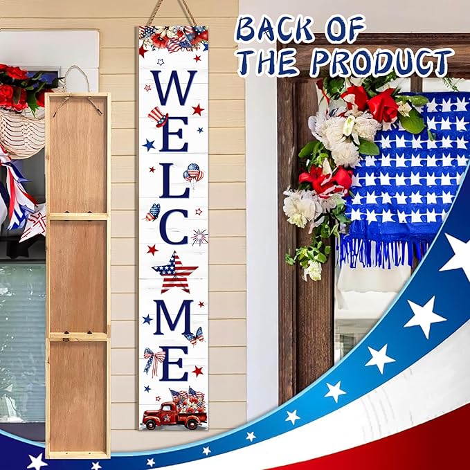 4th of July Patriotic Welcome Sign, American Flag Truck Wooden Porch Sign For Patio, 47" USA Flag Front Door Signs All Seasons Decor Standing Yard Signs Holiday Vertical Signs for Outdoor Indoor Wall Garden