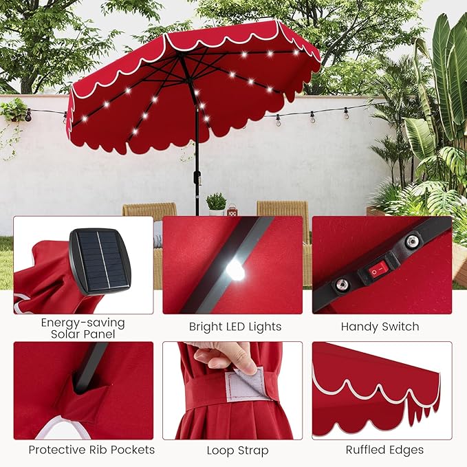 Tangkula 9 FT Solar Patio Umbrella, 2-Tiers Scalloped Outdoor Table Market Umbrella with 32 LED Lights, Vented Top, Tilt Adjustment, Crank, 8 Ribs for Backyard Poolside Deck Beach Lawn (Red)