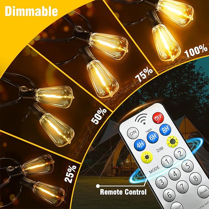 Solar String Lights Outdoor Waterproof Lights with Remote & Timer, LED Shatterproof ST38 Bulbs, USB & Solar Powered Patio Lights for Backyard, Porch, Garden, Wedding, Christmas Decor (50FT)