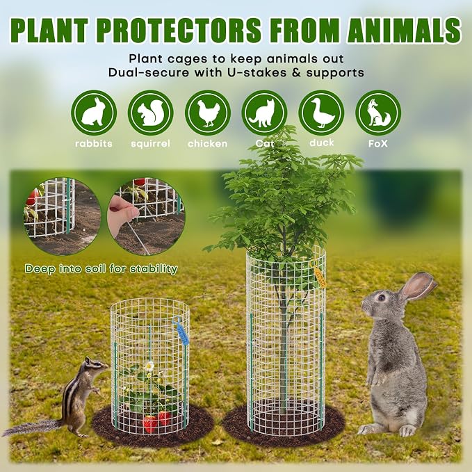 10-Set 12” x 16” Plant Protectors from Animals, Hot-Dip Galvanized Metal Mesh Plant Cages, Dual-Secure with U-Stakes & Supports, Animal Barrier to Keep Rabbits & Chickens Out of the Garden