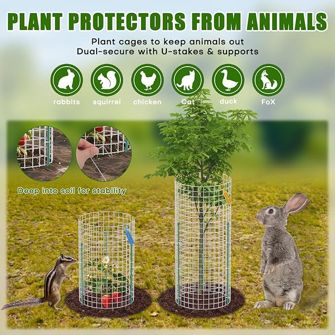 10-Set 12” x 24” Plant Protector from Animals, Hot-Dip Galvanized Metal Mesh Plant Cages, Dual-Secure with U-Stakes & Supports, Animal Barrier to Keep Rabbits & Chickens Out of the Graden