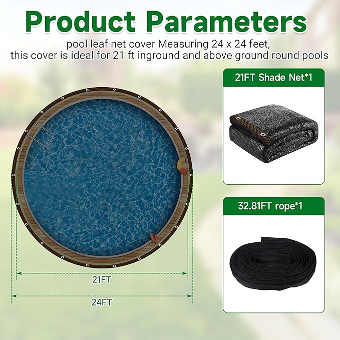 Pool Leaf Net Cover 21 ft Round, Fine Mesh Leaf Net for Above Ground Pool, Winter Pool Cover 21 ft Round Above Ground, Cover Size: 24-Feet Dia (Includes 3-feet Overlap) (Black -Round, 21FT)