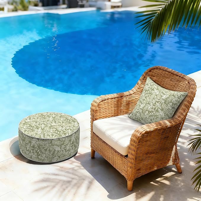 LVTXIII Inflatable Stool Ottoman Footrest with Handle, Decorative Fade-Resistant Foot Stool, Indoor or Outdoor Pouf for Home Garden and Camping Use, D21 x W 21 x H9, Tropical Leaf Green