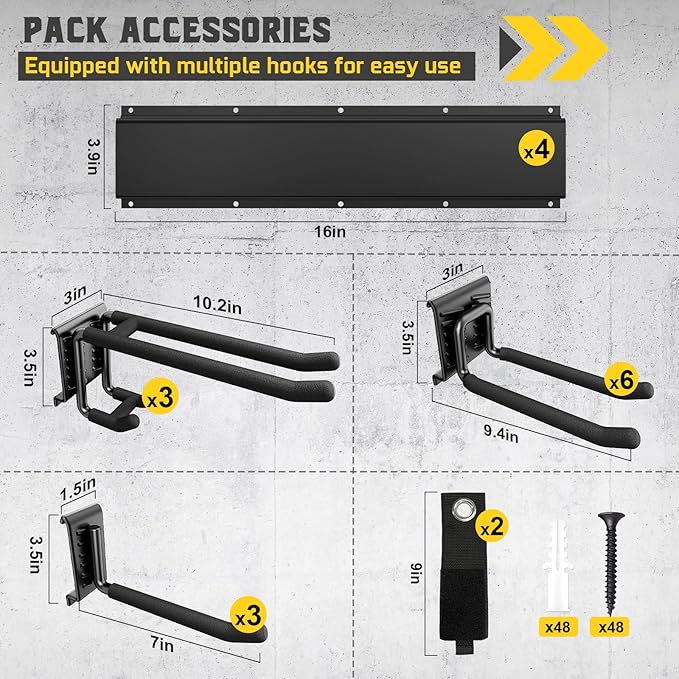 64" Garage Tool Organizer Wall Mount, 900 lbs Heavy Duty Steel Garden Tool Storage Rack with 12 Adjustable Hooks for Yard, Shed, Garage (4 Racks, 12 Hooks, 2 Straps)
