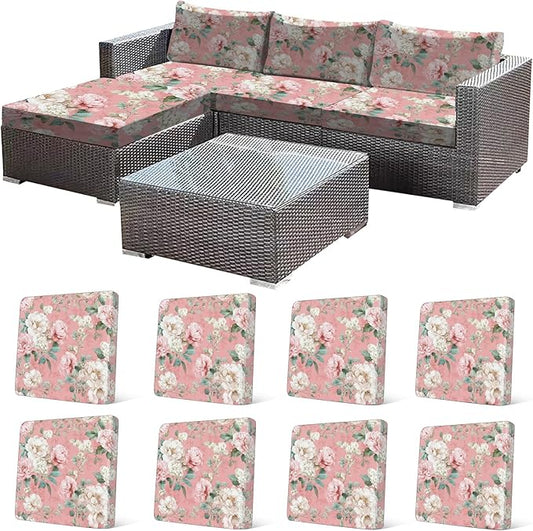 CALBODE 8 Pcs Stretch Outdoor Seat Cushion Covers, Washable Chair Seat Cover for Patio Furniture Cushions Soft Indoor and Outdoor Couch Cover Replacement (Pink Blooming, Cover Only)