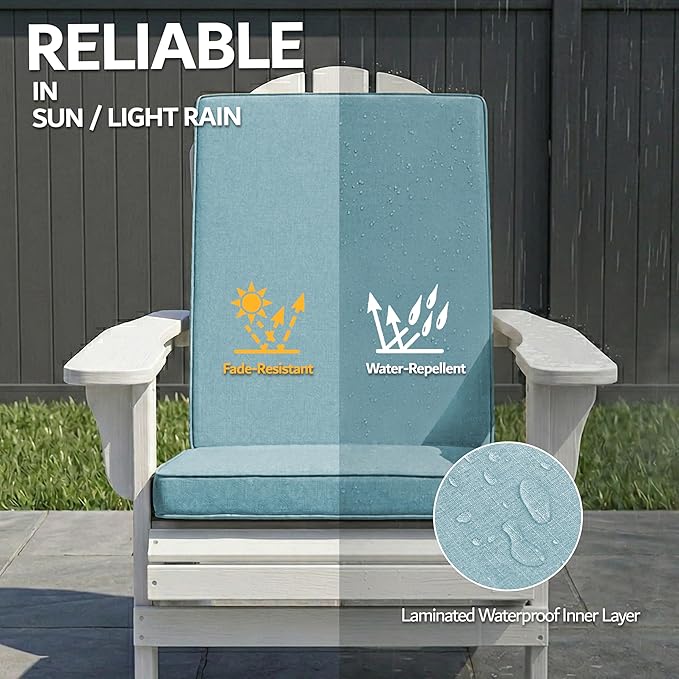 Adirondack Chair Cushions Set of 2 - Removable Covers, Water-Repellent & Fade-Resistant Faux Linen, Securing Straps, Non-Slip Bottom, Fit for Most Outdoor Adirondack & Rocking Chairs - Teal