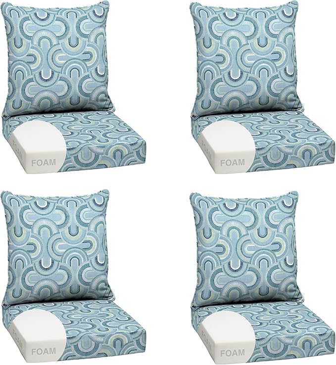 Arden Outdoor Foam Deep Seat Cushion Set (4-Pack), 24x24, Premium High-Density Foam, Never Flattens, Weather-Proof for Patio Chair Sofa Couch, Coastal Blue Geometric