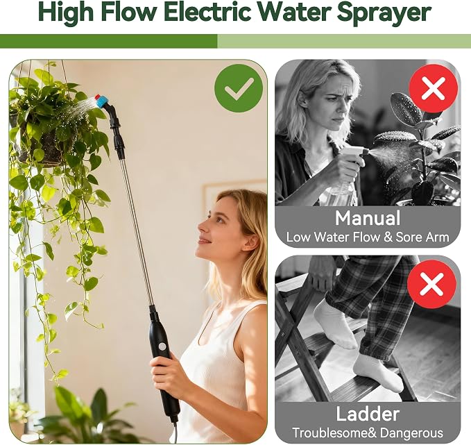 High Reach Electric Plant Waterer for Indoor Hanging Plants,Telescoping Indoor Water Sprayer Wand with Pump, 180° Adjustable Watering Nozzle High Flow Leakproof Design
