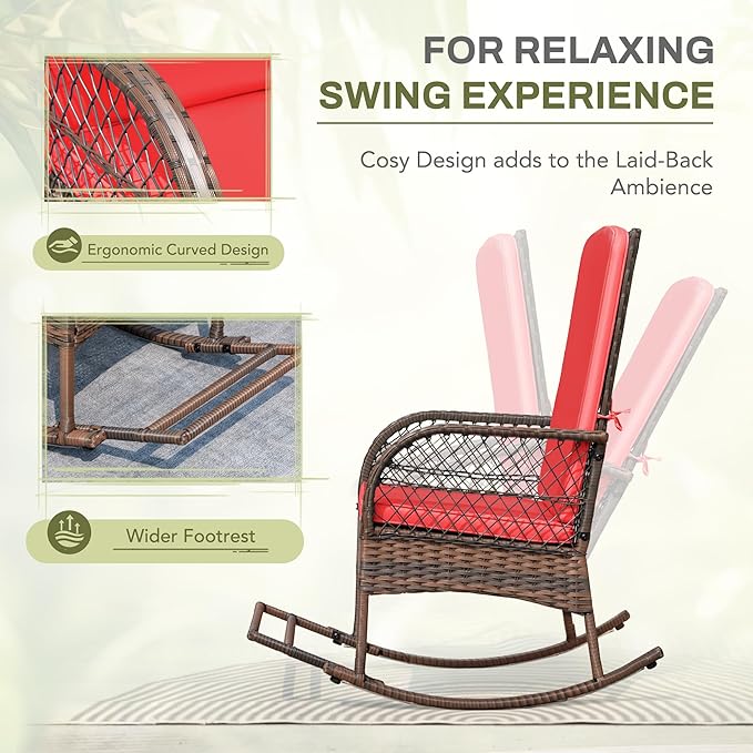 Greesum 3 Piece Outdoor Wicker Rocking Chairs Patio Furniture Set with Glass Coffee Table for Garden Backyard Porch Poolside, Red