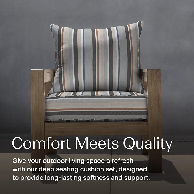 Honeycomb Outdoor Heritage Deep Seat, 24 x 23, Stripe Stone Beige Chair Cushion with Removable Cover, for Patio Furniture
