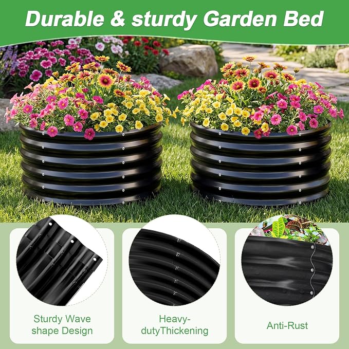 AHEONLAR 2 Pack 2x2x1.5ft Round Galvanized Raised Garden Bed Outdoor Metal Planter Box for Vegetables Steel Raised Beds for Gardening Grey