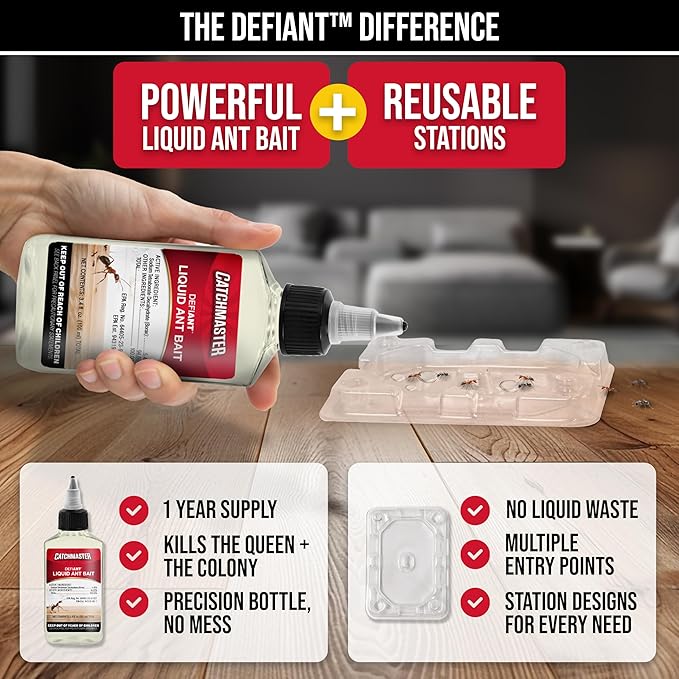 Catchmaster Defiant Premium Liquid Ant Killer, 1-Year Supply, Kills the Queen and Colony, No Mess Precision Bottle, Reusable Ant Traps Indoor & Outdoor, Pest Control Traps, Made in USA