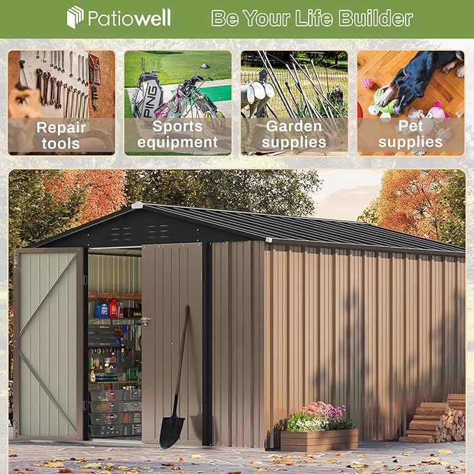 Patiowell 8x10 FT Outdoor Storage Shed, Large Garden Tool Metal Shed with Sloping Roof and Lockable Door, Outside Sheds for Backyard Patio Lawn, Brown