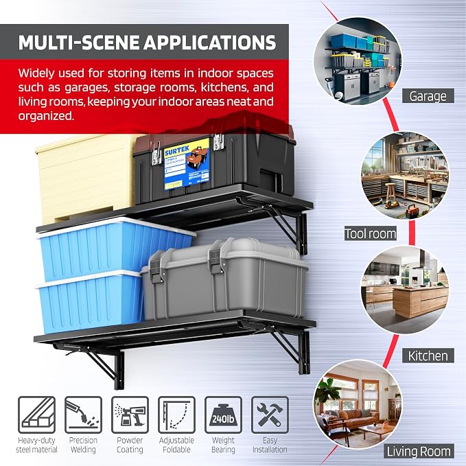 1.2x3FT Adjustable Garage Shelf Wall Mounted Fold Down Shelf Metal Heavy Duty Black 2Pack