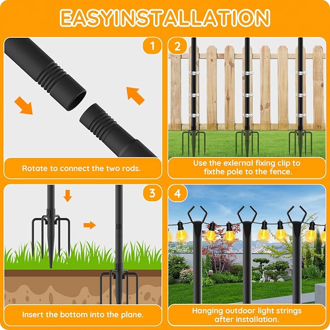 AHRLHR 4 Pack String Light Poles,Poles for Outdoor String lights10 Ft Metal Poles with Fork for Outdoor String Lights,Outdoor Light Poles with Fork,Patio,Deck,Backyard