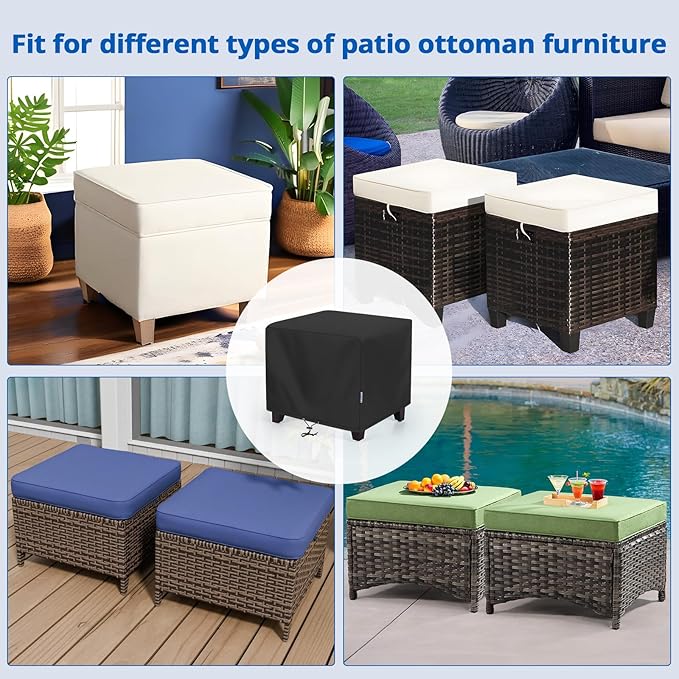 SunPatio Outdoor Ottoman Cover, Waterproof Square Coffee Table Cover, Patio Furniture Covers Side Table Cover, All Weather Protection, 22W x 22D x 18H, Black