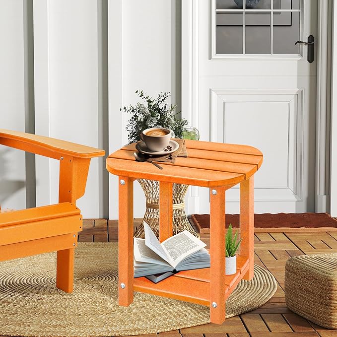 LZRS 2-Tier Patio Side Table, Heavy Duty HDPE Outdoor End Table with Wood Texture, Weatherproof Composite Table for Adirondack Chairs, Deck, Pool, Indoor/Outdoor, No Peeling Cracking(Orange)