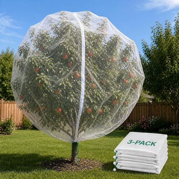 3 Pack 12 x 12 ft Large Fruit Tree Netting Covers with Zipper & Drawstring, Extra Fine Mesh Garden Netting for Blueberry Peach Apple Trees, Protects Fruit from Birds, Squirrels, Deer, Cicadas, Beetles