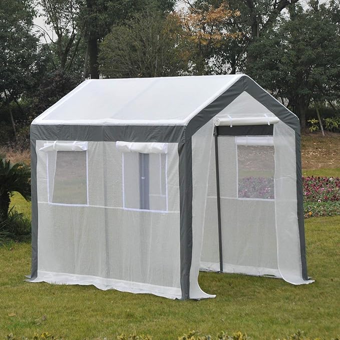 Outsunny 8' x 6' x 7' Walk-in Greenhouse, Outdoor Garden Warm Hot House with 4 Roll-up Windows, 2 Zippered Doors and Weather Cover, White