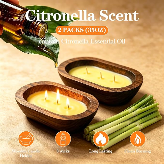 STRN Citronella Candles Bowl Summer Outdoor & Indoor - Large Soy Wax Scented Candles with Wooden Bowl, 2 Packs (35 OZ) for Garden Patio Yard Home Camping Backyard, Burning Time 30 Hours