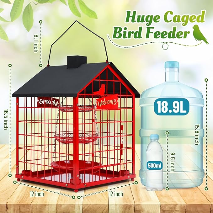 Bird Feeders for Outdoors, Metal Bluebirds Bird Feeder, Huge Caged Squirrel-Proof Bird Feeders with 4 Cups, DIY Wild Bird Feeders Outdoor Hanging, Attract Small Birds, 3 Layer Seed Tray (Red)