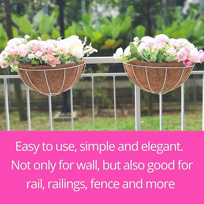 LalaGreen Bundle - 2 Pack,16 inch Wall Planter + 2 Pack,16 Inch White Hanging Basket with Coco Liner,Wall Mounted Extra Large Herb Flower Pots,Outsdie Garden Decor Rail Fence Deck Balcony Patio Porch
