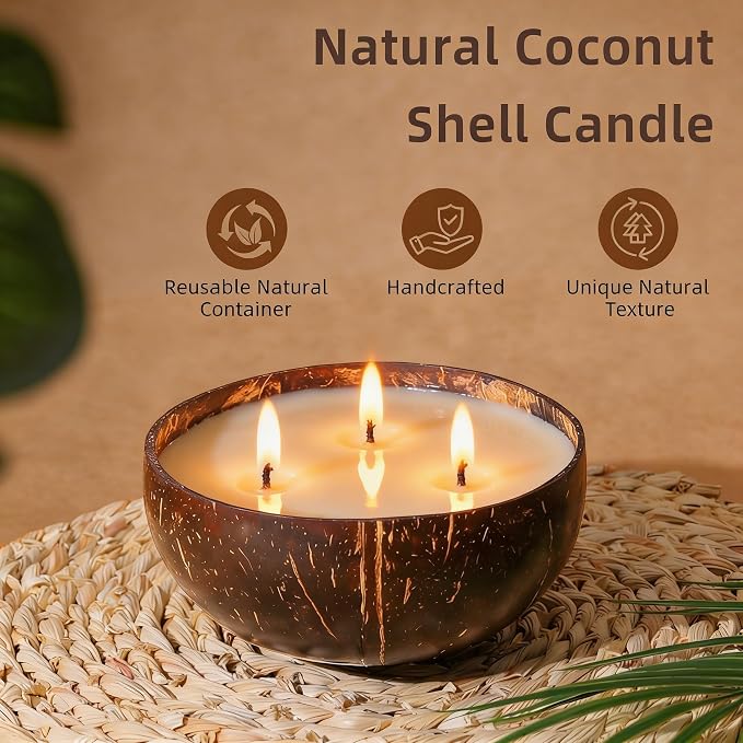 Viyffo Fresh Linen Scented Candle, Large 18oz 3 Wick Non Toxic Soy Candles, Natural Coconut Shell Candles for Home, Clean & Fresh Aromatherapy for Relaxation & Spring Décor, Gift for Women & Men