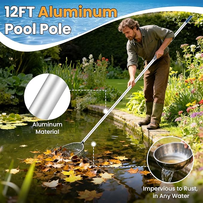 Pool Pole, 12FT Telescopic Pool Cleaning Pole, Professional Aluminum Swimming Pool Poles, 1-1/4" Universal Connector for Skimmer Net, Brush & Vacuum Head