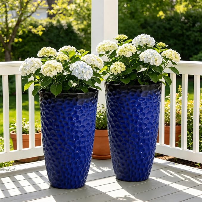 23.75" H Large Tall Outdoor Planters, Set of 2 Plastic Large Flower Pots for Outdoor Plants, Gradient Cobalt Blue Honeycomb Textured, Weather-Resistant for Porch, Garden, Patio or Indoor Use