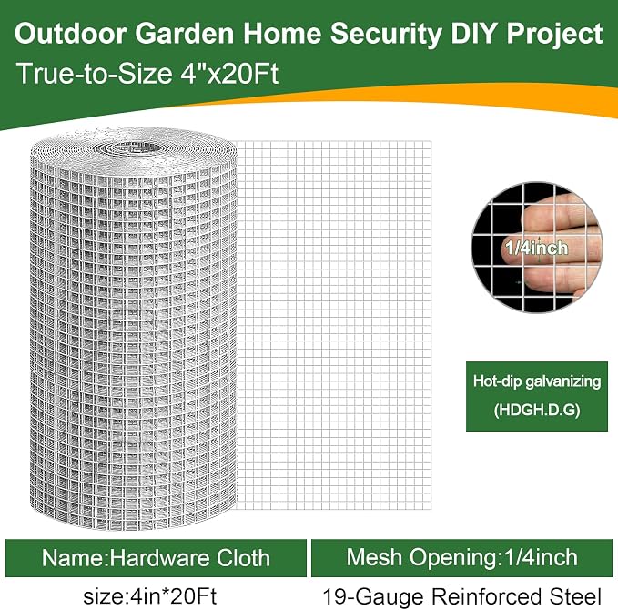 4in x 20ft Hardware Cloth Hot-Dip Galvanized Welded Chicken Wire Fencing - Heavy Duty 1/4inch 19 Gauge Wire Mesh for Garden, Chicken Coop, Rabbit Cage, Rodent & Predator Protection