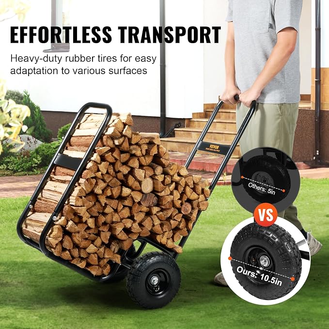 VEVOR Log Cart 250 lbs Load Capacity, Outdoor and Indoor Wood Rack Storage Mover with Pneumatic Rubber Wheels, Heavy Duty Steel Dolly Hauler, Firewood Carrier for Fireplace, Fire Pit, Black