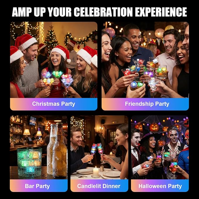 24 Pack Light Up Ice Cubes for Drinks, Multi Color Led Ice Cubes, IP67 Waterproof Reusable, Glowing Flashing Changing Lights, Water Activated Drink Lights for Cocktails Club Party Bar Wedding Decor