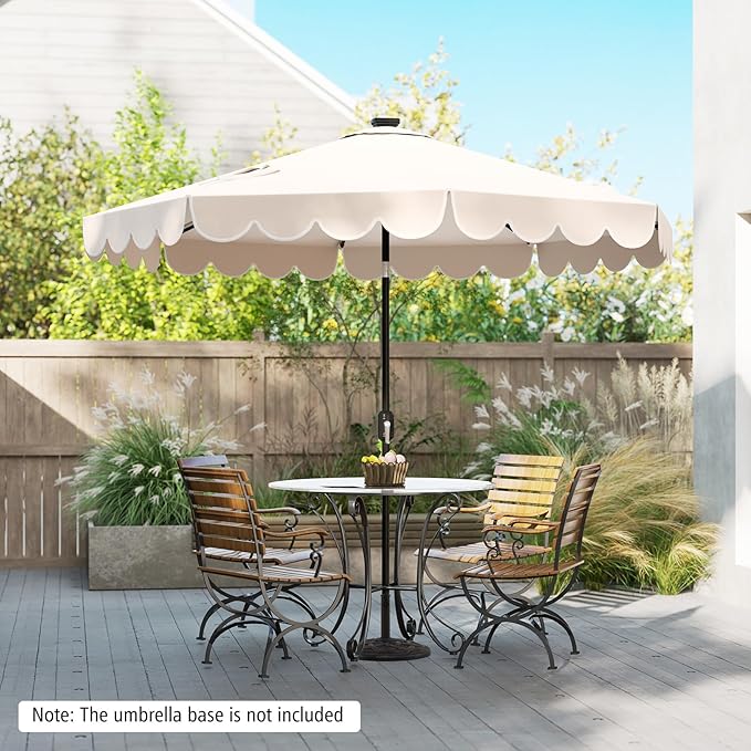 Tangkula 9 FT Solar Patio Umbrella, 2-Tiers Scalloped Outdoor Table Market Umbrella with 32 LED Lights, Vented Top, Tilt Adjustment, Crank, 8 Ribs for Backyard Poolside Deck Beach Lawn (Beige)