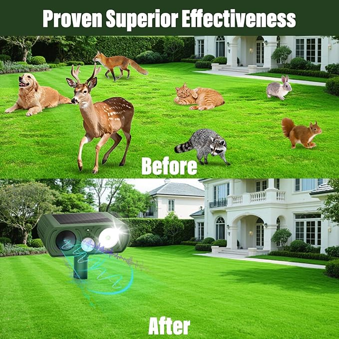 Solar Ultrasonic Animal Repellent, Deer Repellent Devices Waterproof, Cat Repellent Outdoor with Motion Detection Squirrel Skunk Rabbit Dog Raccoon Deterrents Animal Repeller for Yard, 1 Pack, Green