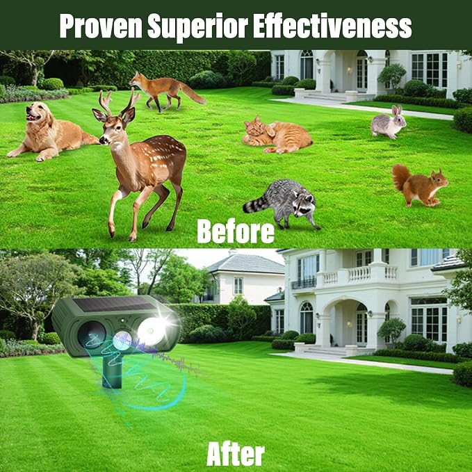 Solar Ultrasonic Animal Repellent, Deer Repellent Devices Waterproof, Cat Repellent Outdoor with Motion Detection Squirrel Skunk Rabbit Dog Raccoon Deterrents Animal Repeller for Yard, 1 Pack, Green