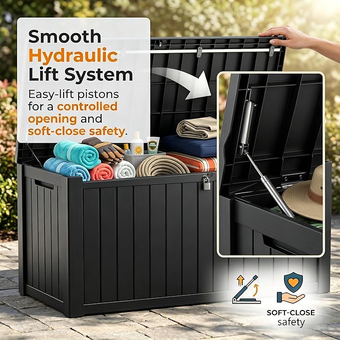 151 Gallon Resin Deck Box with Lockable Lid – Heavy-Duty Outdoor Storage for Patio Furniture, Garden Tools, Pool Accessories, BBQ Supplies – All-Weather Wood Grain Design
